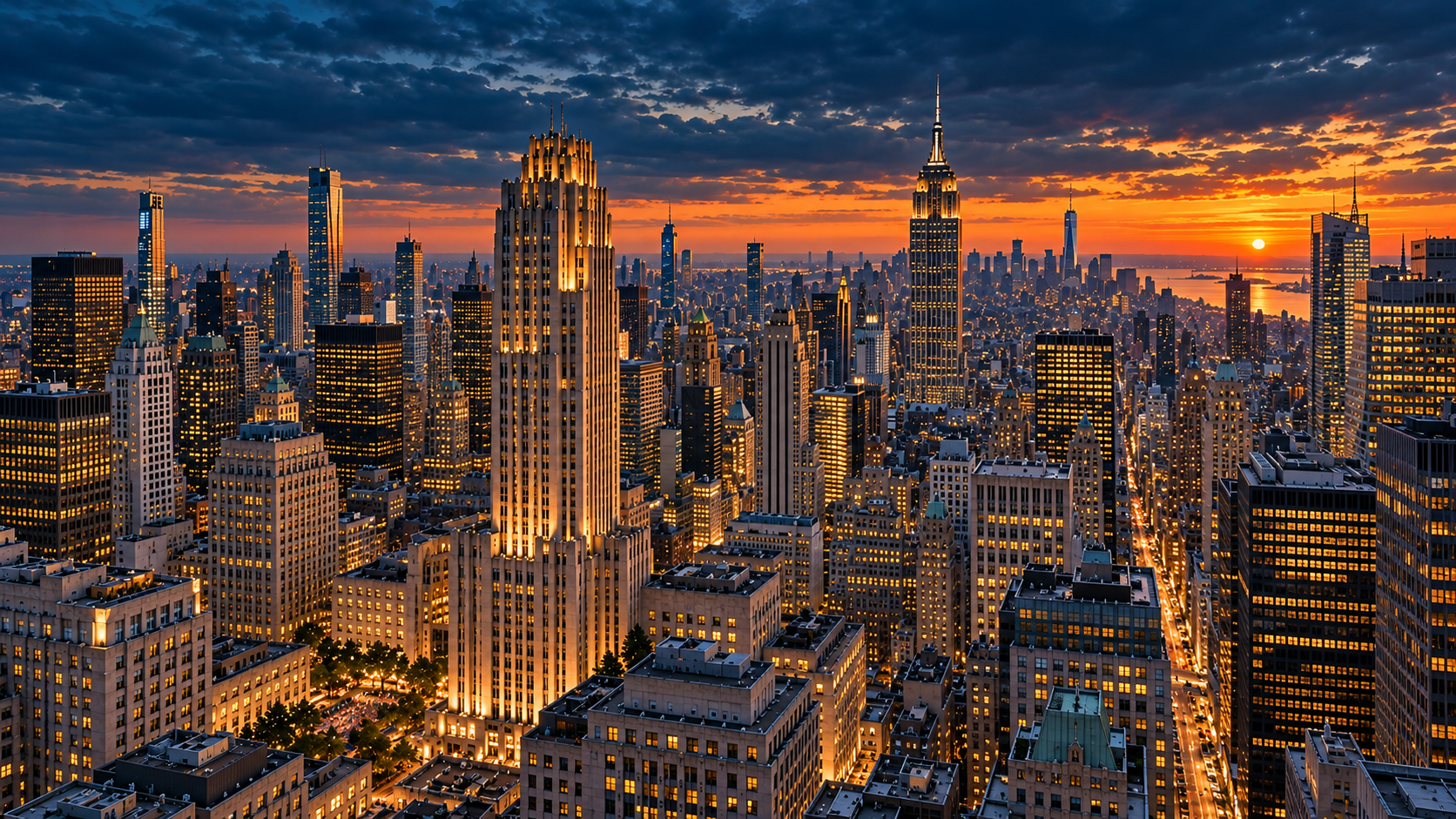 New York skyline and Empire State Building at sunset